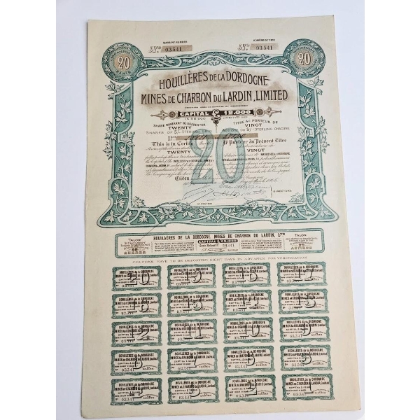 Vintage Stock Certificate For Houillères De La Dordogne Mines De Charbon Du Lardin, Limited.