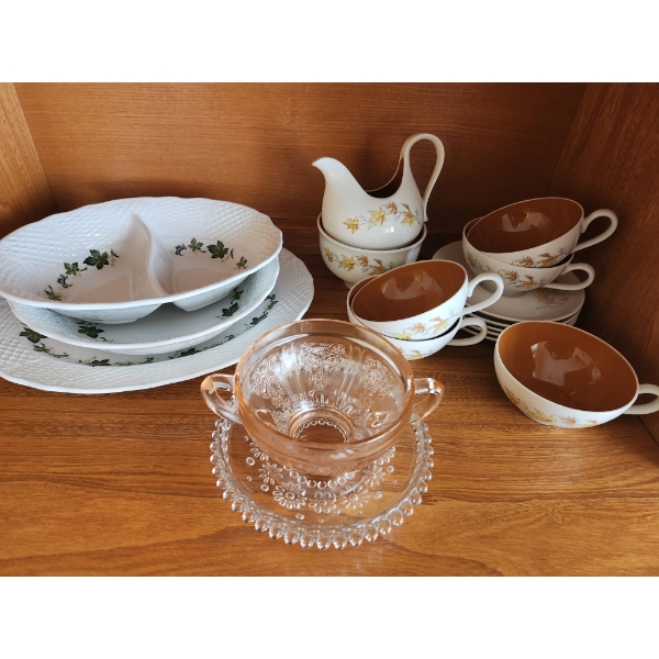 Marlborough Concord Serving Dishes, Vintage Pink Glass Bowl, and Taylorton Tea Set