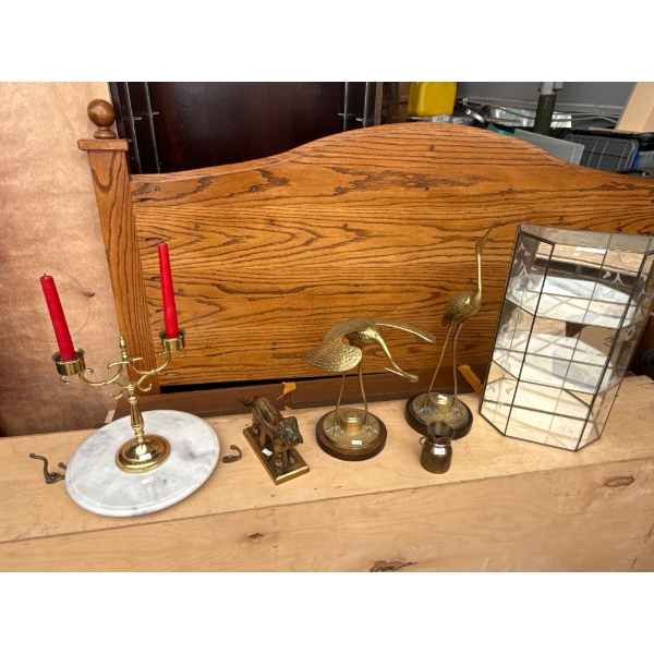 Brass items, includes candle holder, cranes, nutcracker and more