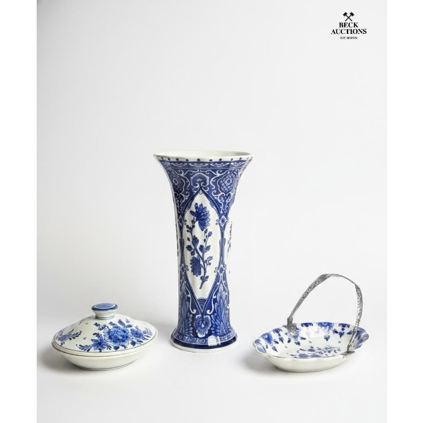 12? BLUE & WHITE Delft Trumpet Vase ,  Covered Dish And A Small Basket With A Decorative Handle. 