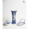 Image 1 : 12? BLUE & WHITE Delft Trumpet Vase ,  Covered Dish And A Small Basket With A Decorative Handle. 