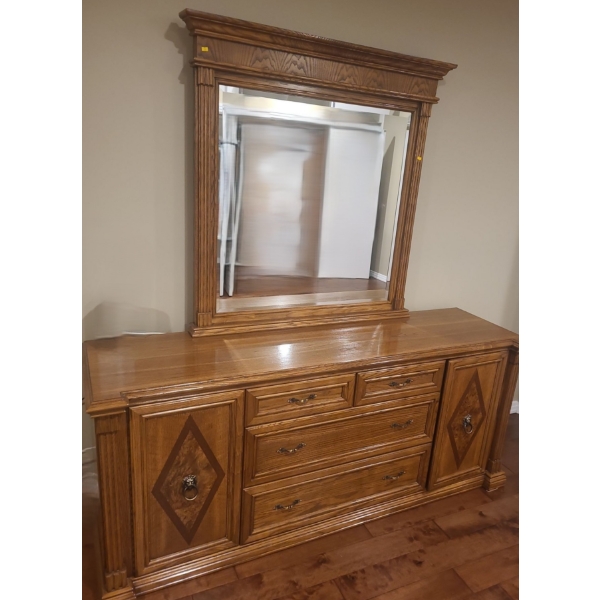 Dresser w/ 4 Drawers and 2 Side Cupboards 76 W, 21 D, 32 H, Attached Mirror 43 X 46