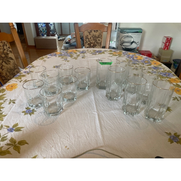Set of 7 Gold Rimmed Tumblers, Set of 7 Gold rimmed High Ball Glasses, New