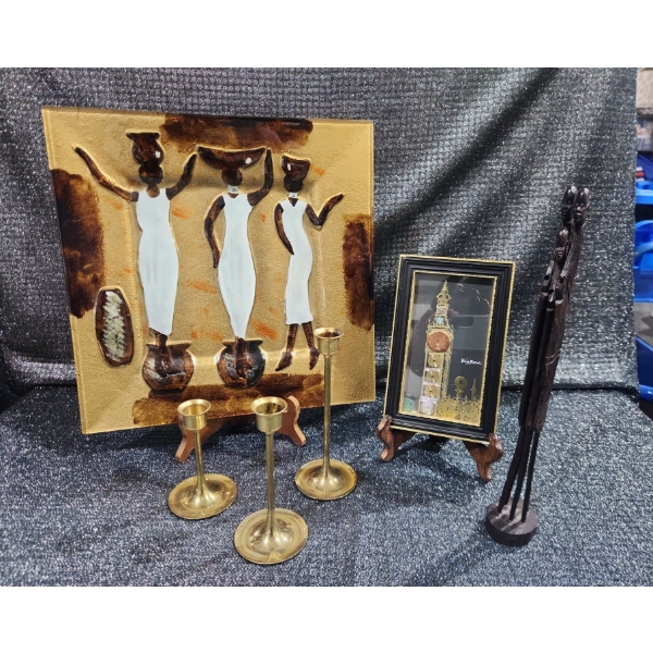 African Figurine, Big Ben & London Framed Art African woman Metal Wall Plaque Brass Candlesticks.