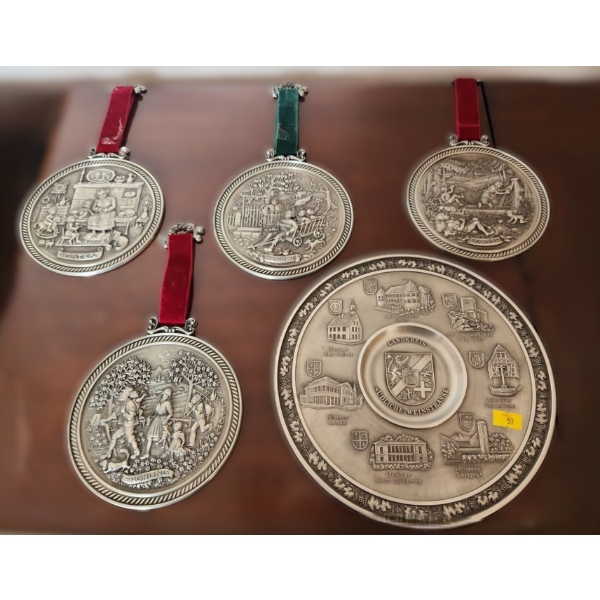 Set of 4 Pewter Seasons Plaques w/ Ribbon Hanger 5.5" Diameter and Larger Plate 9" Diameter