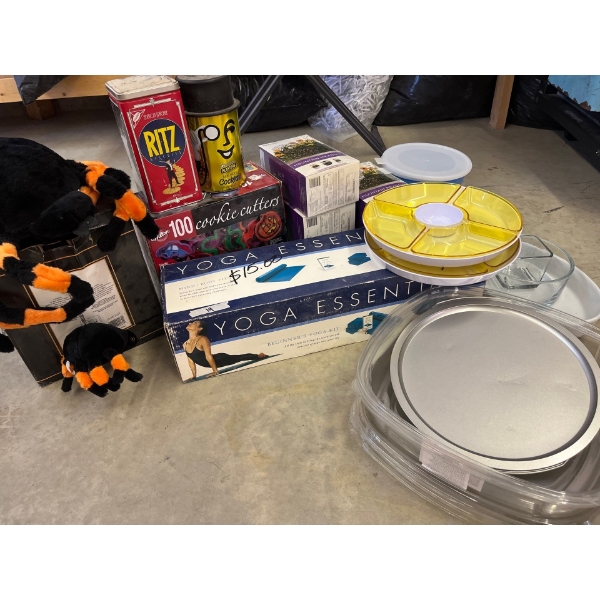  yoga, essentials, yoga mat some aero garden seeds, some serving trays and planters cocktail contain