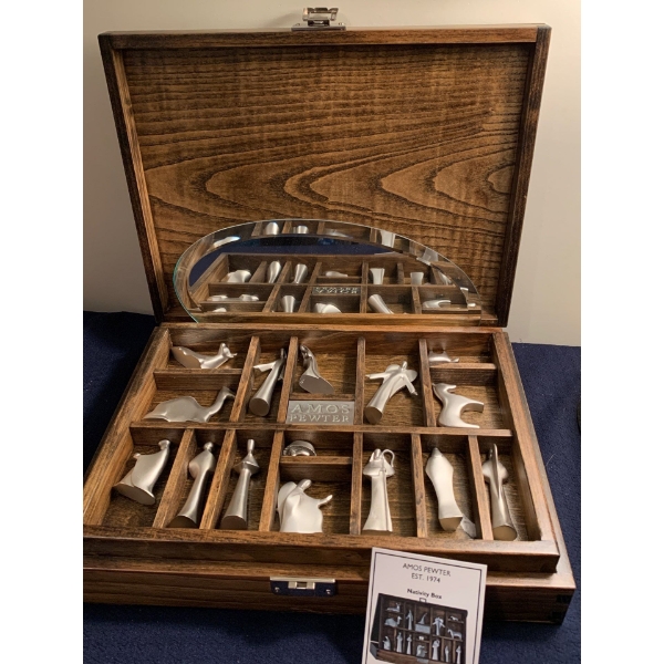 Pewter Nativity Set w/ Decorative Wood Box & Mirrored Pedastal