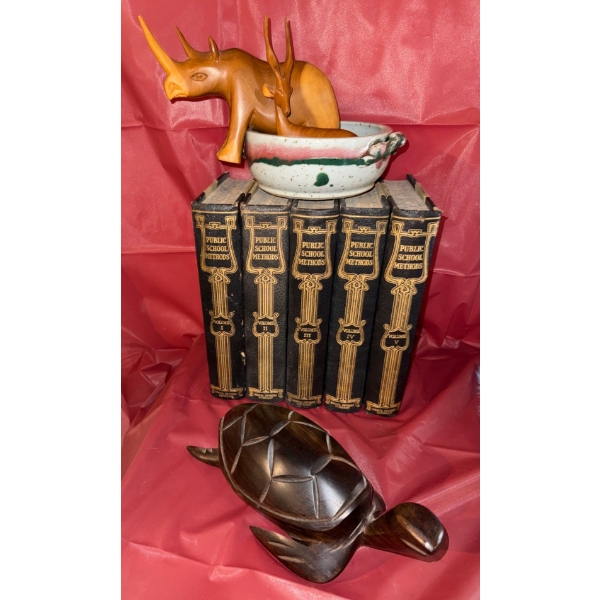 Hand Carved Mahogany Tortoise w/ Rhinoceros Figure Stoneware Bowl & More