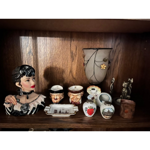 Collection of small face cups, little Webster, dictionary book lady statue small Mexican ashtray