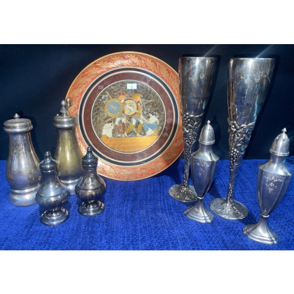 Collection of Pewter & Silver Plated Utensils  SNP Shakers, Wine Goblets & Brass Plate