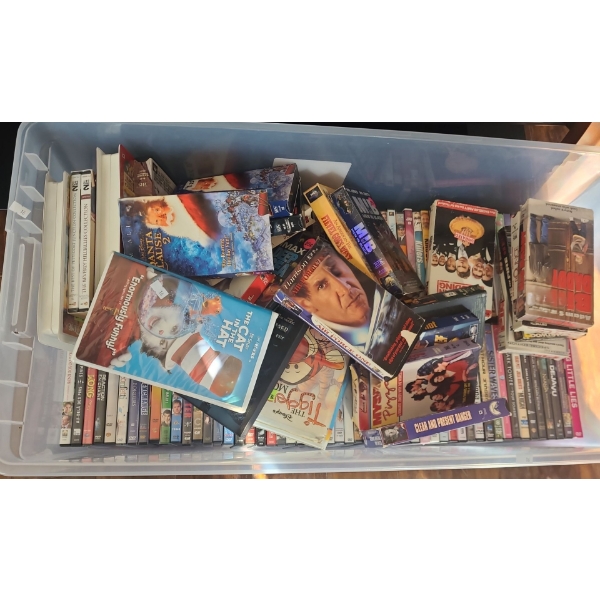 Large Bin of Blockbuster DVD's, Some VHS Tapes, Variety of Genres