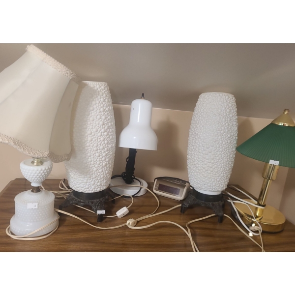 Lamps: Milk Glass w/ Fabric Shade 15.5 T,  Pair of Plastic Cone Lamps, Green Glass Shade 14 T