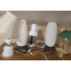 Image 1 : Lamps: Milk Glass w/ Fabric Shade 15.5 T,  Pair of Plastic Cone Lamps, Green Glass Shade 14 T