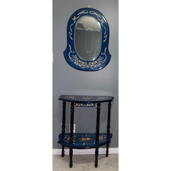 Rare Art Decor - Vintage Italian Blue Entrance w/ Sorento Carving & Bell Shaped Wall Mirror Alike 