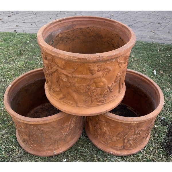 3 Terra Cotta Planters 16T Cylinder Shaped (Damaged See Photo)