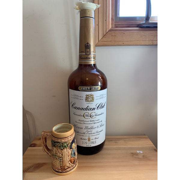 Empty Texas Mickey Bottle of Canadian Club with Vintage Mug