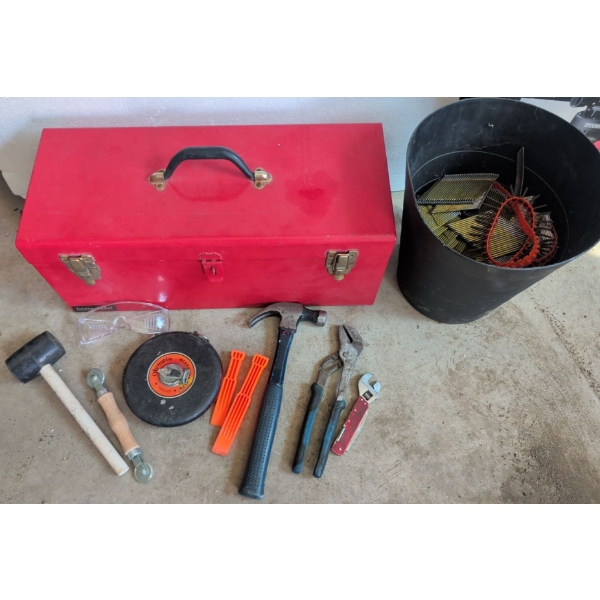 Metal 2 Tiered Tool Chest w/ Contents & Pail Full Of Premium Shop Harware 