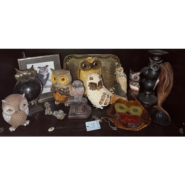 Decorative Owl Collection #1 - Wood Carvings, Solid Brass Plate, Owl Globe 