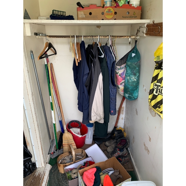 Closet Lot with Jackets, Tools, Lawn Care Items, and Miscellaneous Goods