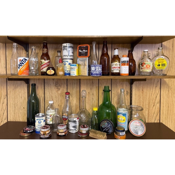 Vintage Glass Bottles & Products Collection Incl. Tornado Dust, Shoe Polish 