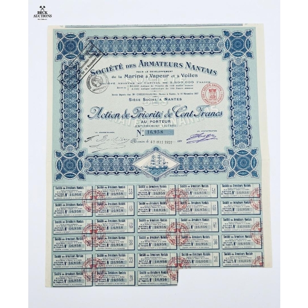Vintage French Stock Certificate (Action De Priorité) For The "Société Des Armateurs Nantais,
