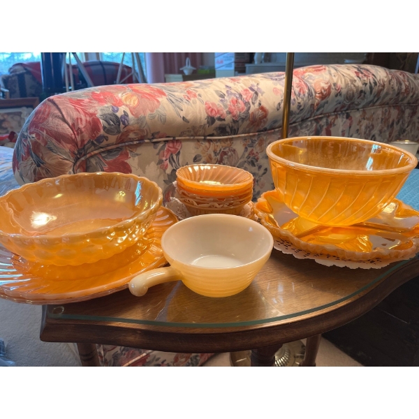 Anchor Hocking Fire-King Peach Lustre 2 serving plates 2 bowls 5 deserts bowls along with Fire king 