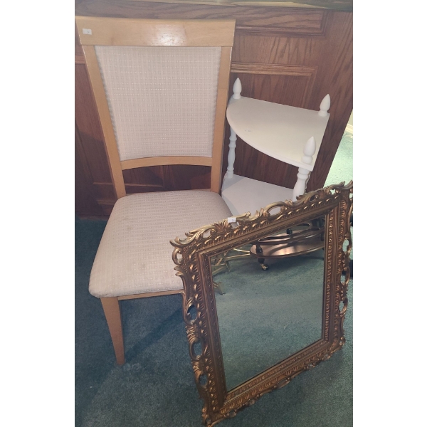 Chair 18 W, 17 D, 30.5 T, Corner Shelf 18.5 W, 12.5 D, 31 T, Mirror 22.5 X 26.5 