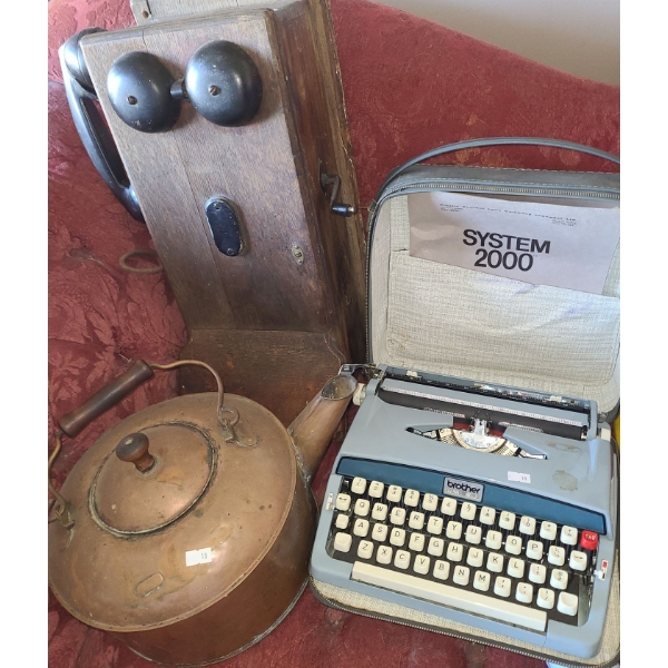 Vintage Hand Crank Phone 20 T, Copper Kettle 10" Diameter Bottom,  Brother Prestige 888 Typewriter 