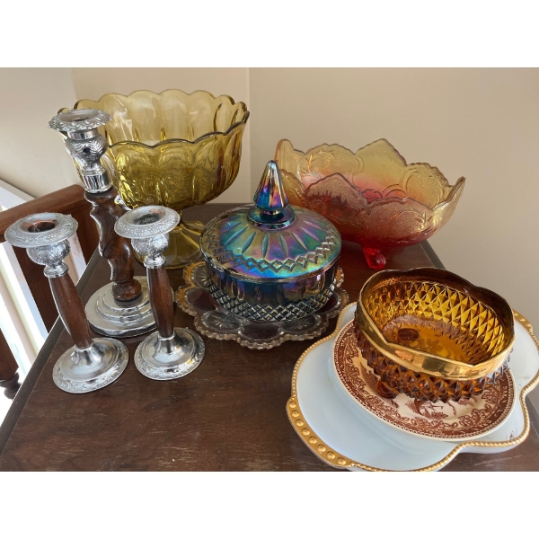 Assortment of carnival glass bowls, candy, dishes of all colours of the rainbow, and a set of three 