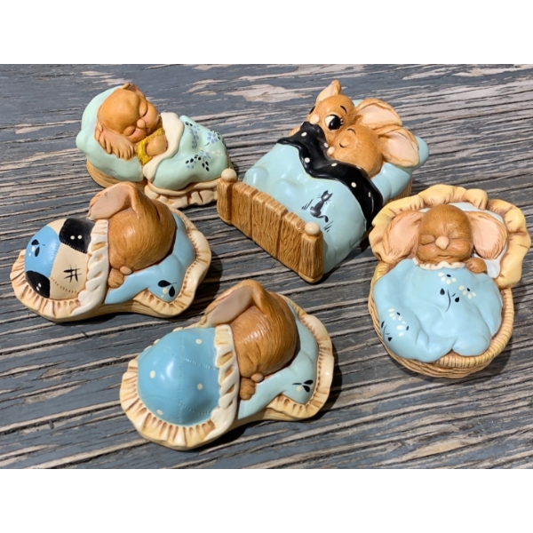 Pendelfin Blue Sleeping Rabbits: 'Snuggles', 'Snuggles', 'Parsley', 'Twins', 'Robin'