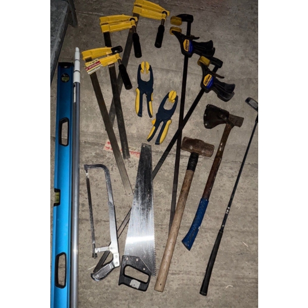 Several Clamps, Two Hand Saws-Hacksaw, Hachet, Level, Golf Club, Awe & More