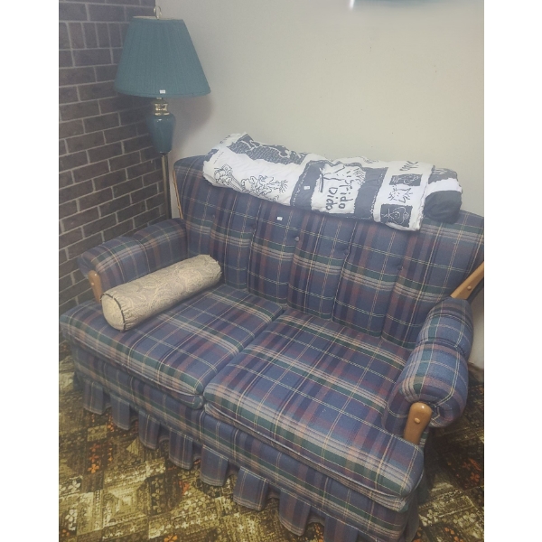 Plaid 2 Seater Couch 61 W, 36 D, 33 T and Floor Lamp 58 T to Top of Finial  