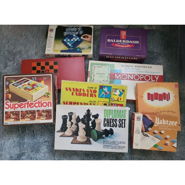 Collection of Vintage Board Games Including: Snakes and Ladders, Rummoli, Superfection and More!