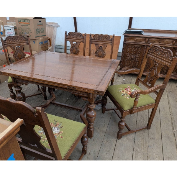 1940s Hardwood Dining Table with Hand-Embroidered Cushions, Includes Extensions and Six Chairs