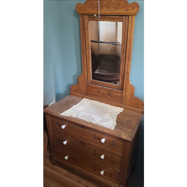 Eastlake Wood 3 Drawer Dresser w Attached Mirror (Faux Locks) 38 w 18 d 69 h