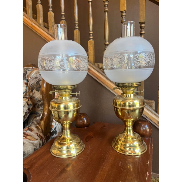 2 Brass 21" Heigh Glass Globe oil lanterns Very Nice Frosted Designs On The Glass 