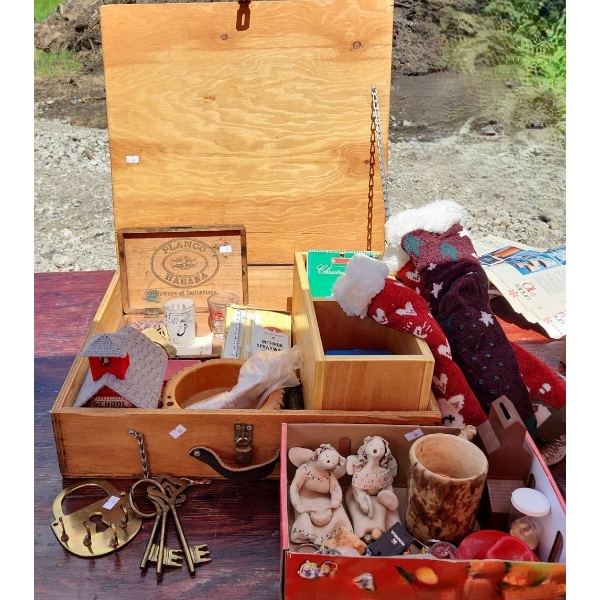 Wooden Box and Household Decor Incl: Brass Hooks and Keys, Clay Figurines Nutcracker Set and More!