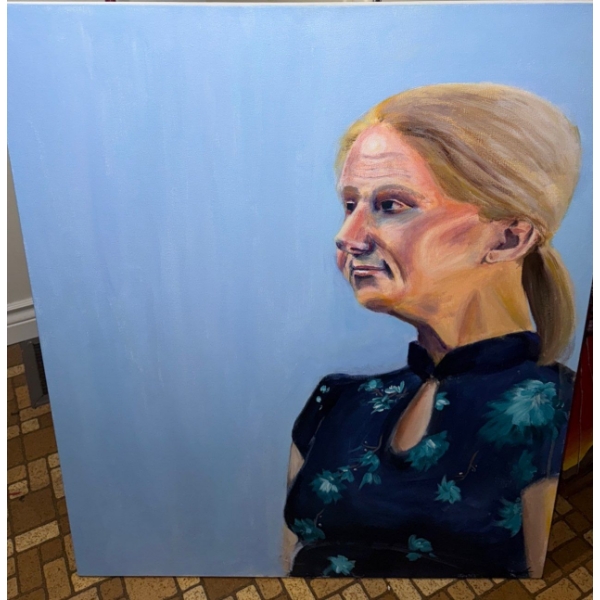 Colorful Oil On Board Portrait Of A Stressed Lady By Elysia Tegart 26x31