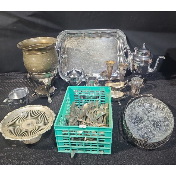 Metalware:Bronze Pot 7" Opening, 6 T, Tray 18.5 X 12, Coffee Urn 9.5 T, Stainless Utensils and More!