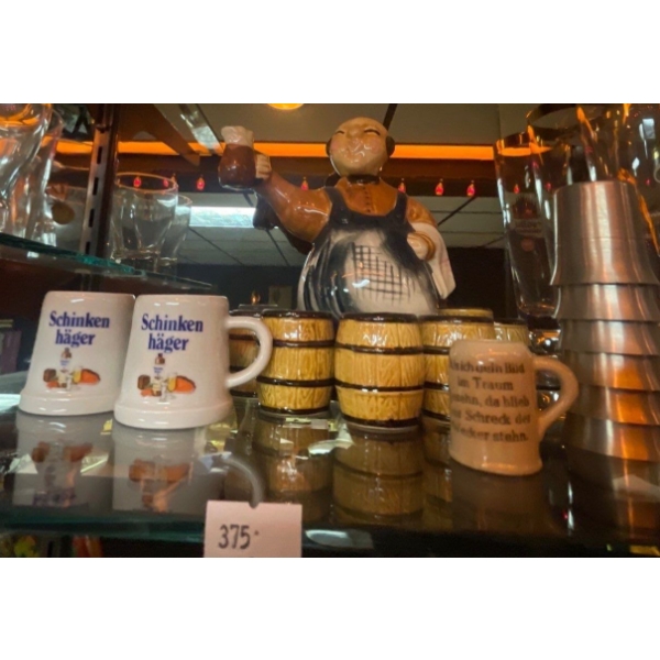 Collectable Serving Vessels - Barrel Shot Glasses Decanter w/ Assorted Lager Pint Glassed 