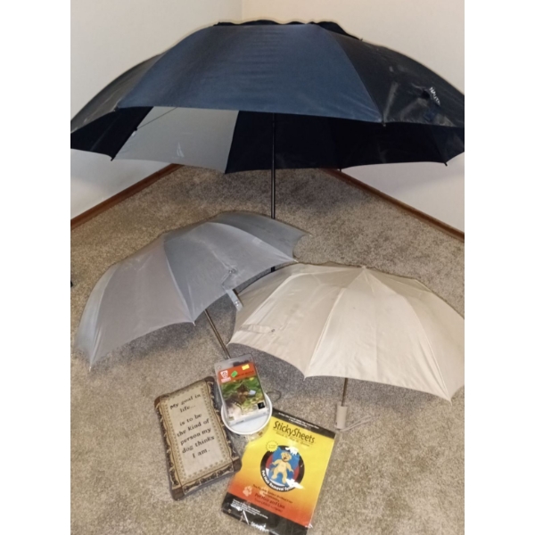 Three Different Sized Umbrellas W/ Puppy Pillow, Dog Dish, Pet Hair Removal Stickies & Muzzle