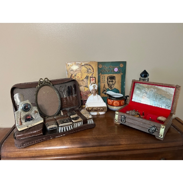 Antique men’s grooming kit with small wooden jewellery box contain cuff, links, vintage watch and ot