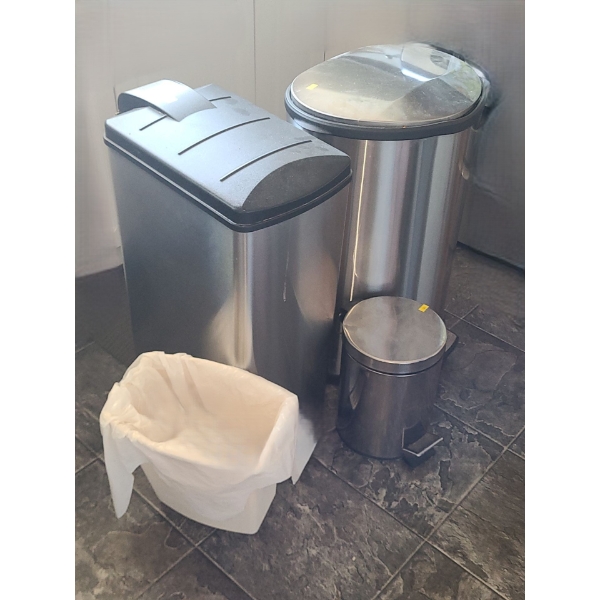 Garbage Cans- Largest: 19 W, 13 D, 26 T and Large: 10 W, 18 D, 26 T and 2 Others