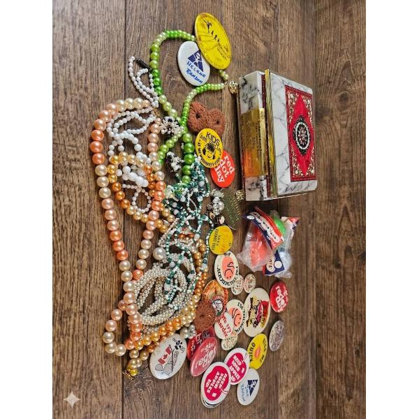 Beaded Costume Jewelry and Pinback Buttons with Decorative Tin