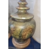 Image 2 : Pair of Ceramic Lamps w/ Painted Pattern and Wooden Base 36 T (To Top of Finial)