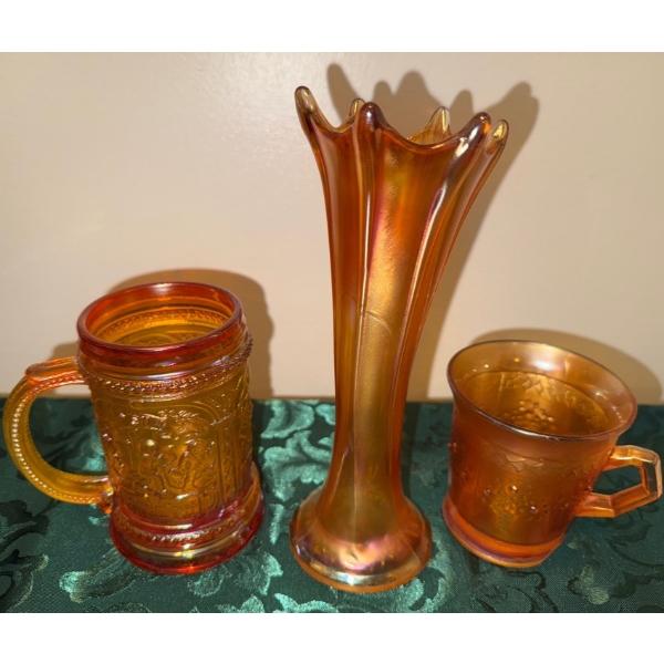 Fenton Marigold Carnival Glass Trio- Orange Tree Mug, Vase & Pressed Glass