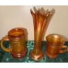 Image 1 : Fenton Marigold Carnival Glass Trio- Orange Tree Mug, Vase & Pressed Glass