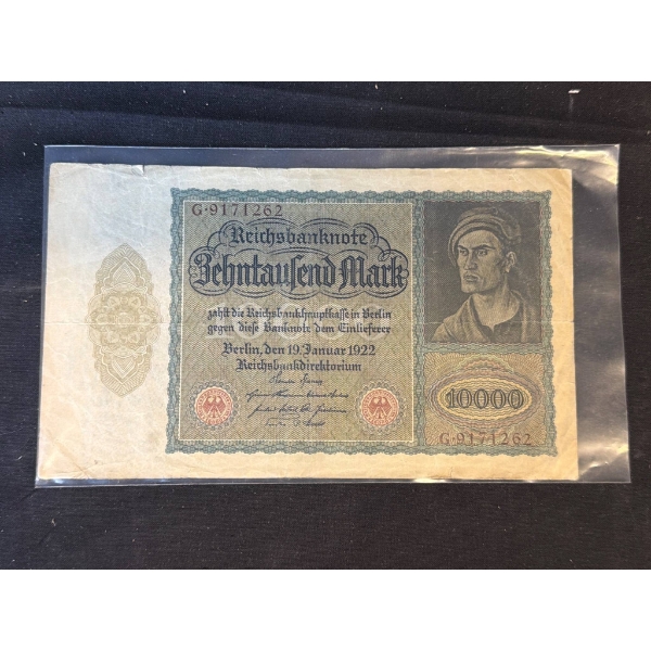 1923 German 10,000 Mark Banknote in Protective Sleeve