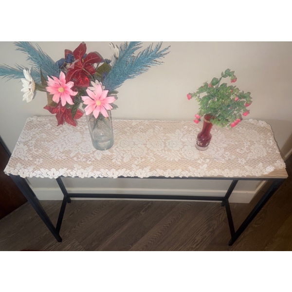 Lite-Weight Console Table w/ Floral Decor & Doily  42" x 11" x  28" tall 