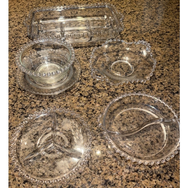 'Candlewick' Pattern Vintage Serving Set ft/ Signature Glass Bead Rims 